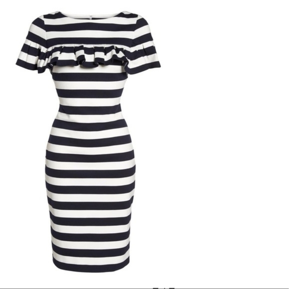 Eliza J Blue and White Mini Dress with Bateau Neckline and Ruffled Cap Sleeves 6 - Picture 5 of 16